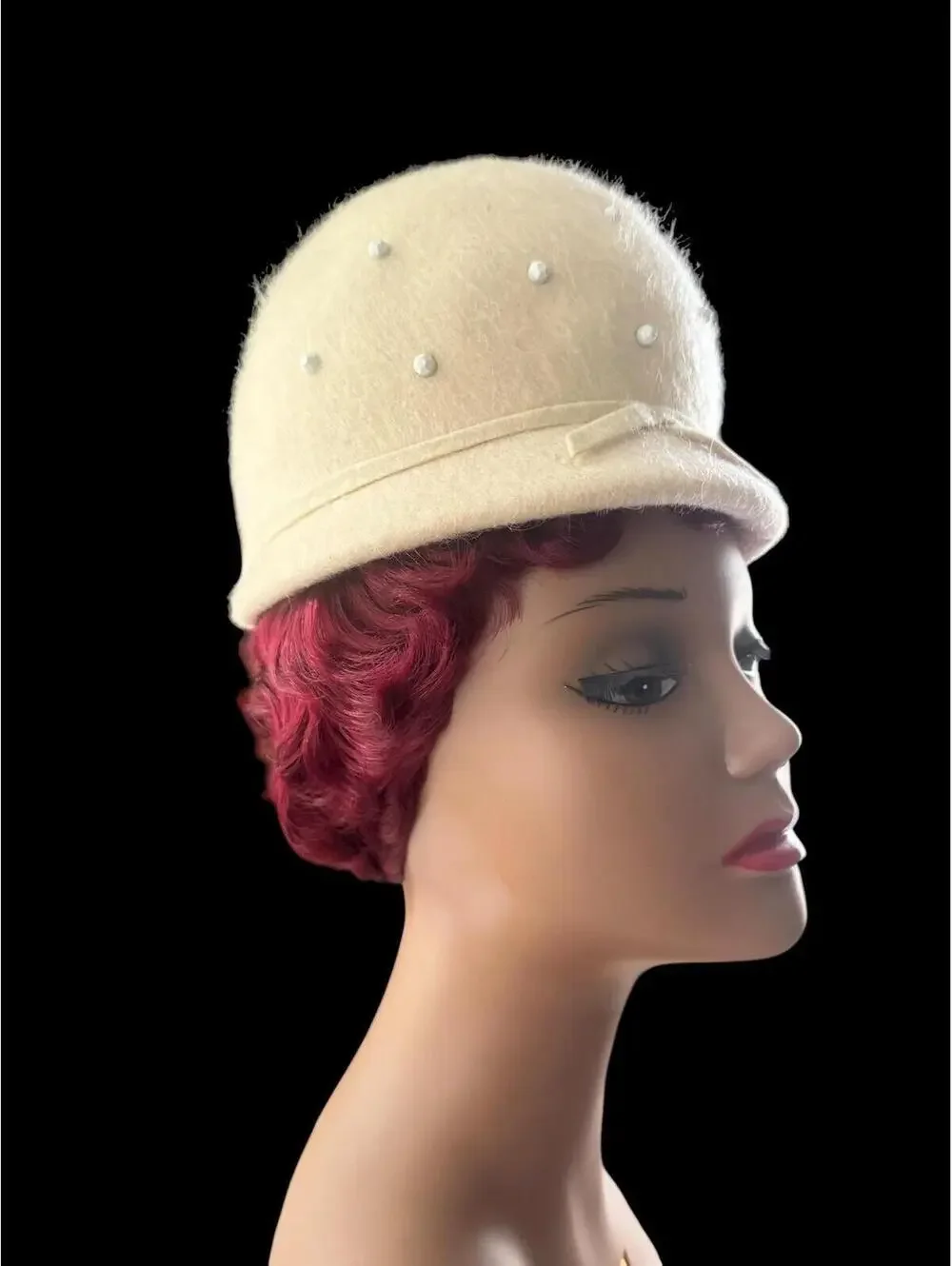 60s 70s Beaded Cloche, Cream Mohair and Wool, Vintage Hats for Women, Mod